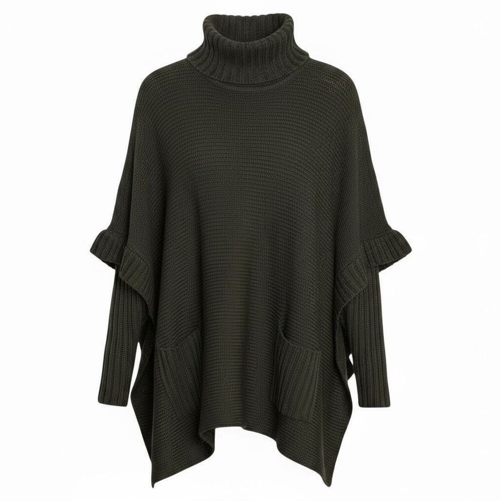 Design Lab Lord & Taylor Turtle Neck Knitted Ribbed Trim Pocho Sweater Green XS